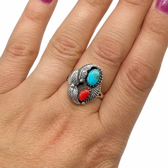 Jewelry - Turquoise Coral Ring 925 Sterling Silver Boho
